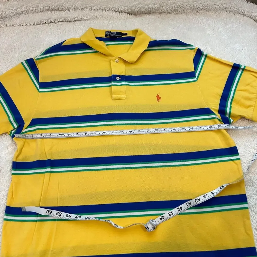 Polo Ralph Lauren Mens Yellow/Blue Striped 2XL Cotton Preppy Casual Summer Golf
